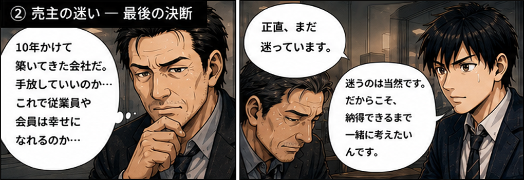 10年かけて築いてきた会社だ、手放していいのか、これで従業員や会員は幸せになれるのかと最後まで迷うオーナー。迷うのは当然です、だからこそ納得できるまで一緒に考えたいと寄り添う佐藤。