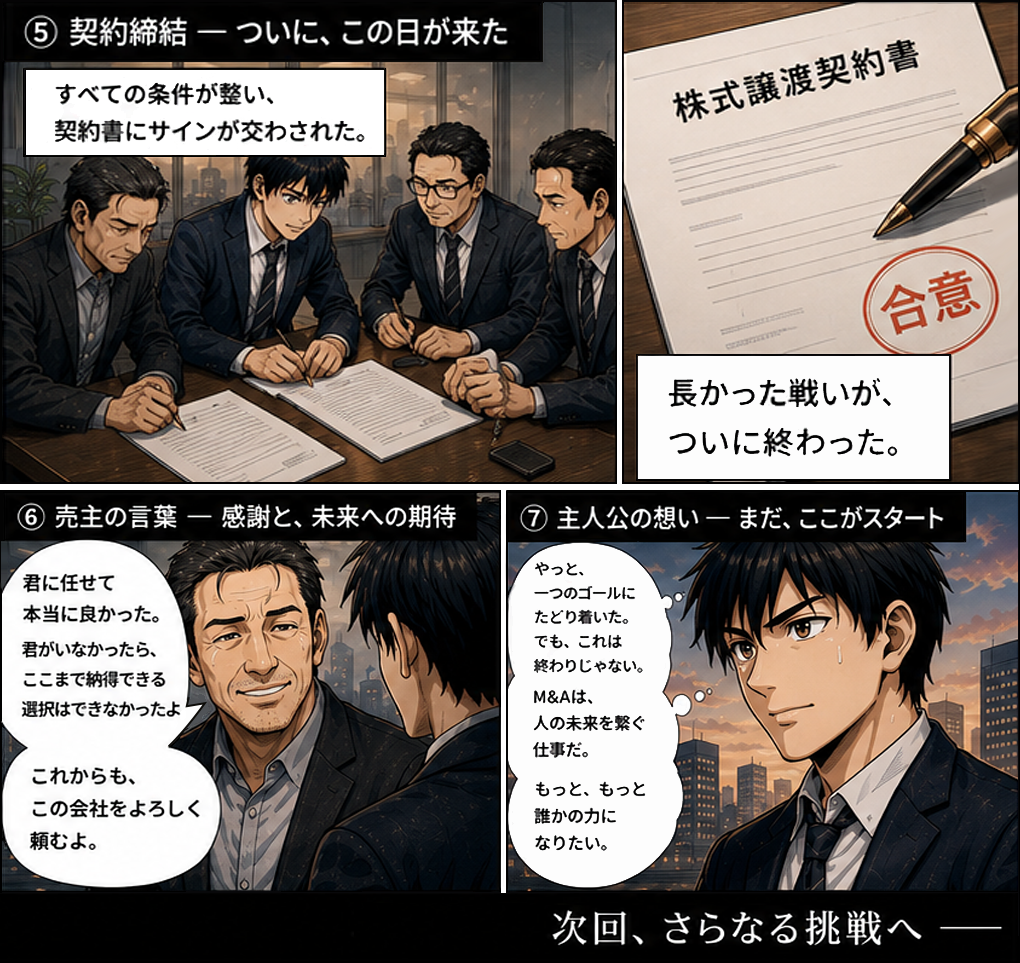 君に任せて本当に良かった、君がいなかったらここまで納得できる選択はできなかったよとオーナーの言葉。やっと一つのゴールにたどり着けた、でもこれは終わりじゃない、M&Aは人の未来を繋ぐ仕事だ、もっとももっと誰かの力になりたいと主人公の想い。