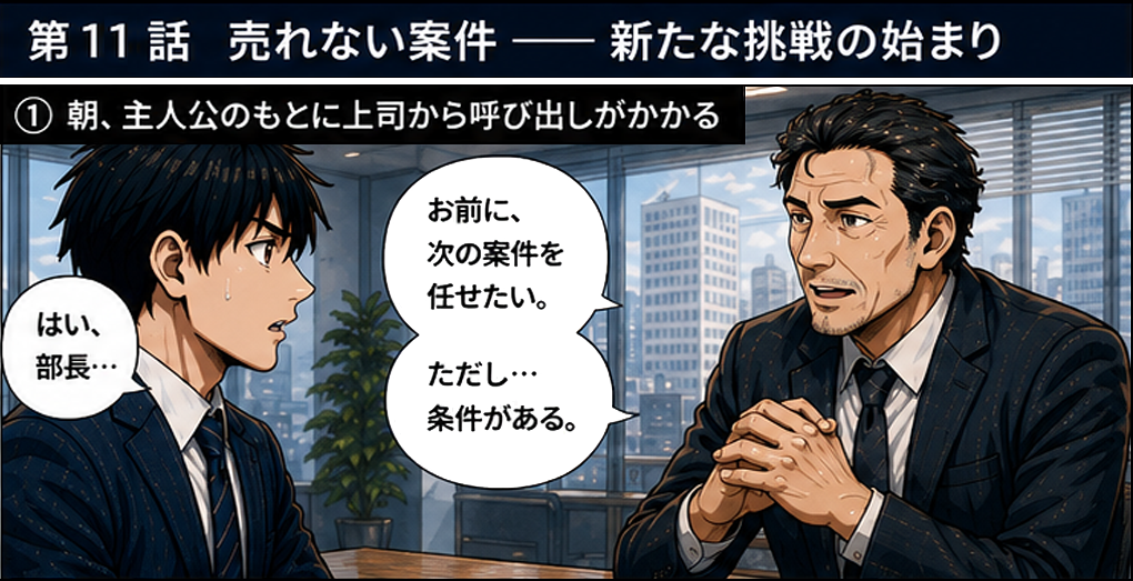 上司から次の案件を任せたい、ただし条件があると告げられる。任された案件はベーカリー、創業24年、売上年間約6000万円、営業利益ほぼゼロ、従業員パート含む12名、地域で圧倒的な知名度と行列ができる人気店だがオーナーは高齢で後継者不在。課題は利益が出ておらず買い手が見つかりにくい。