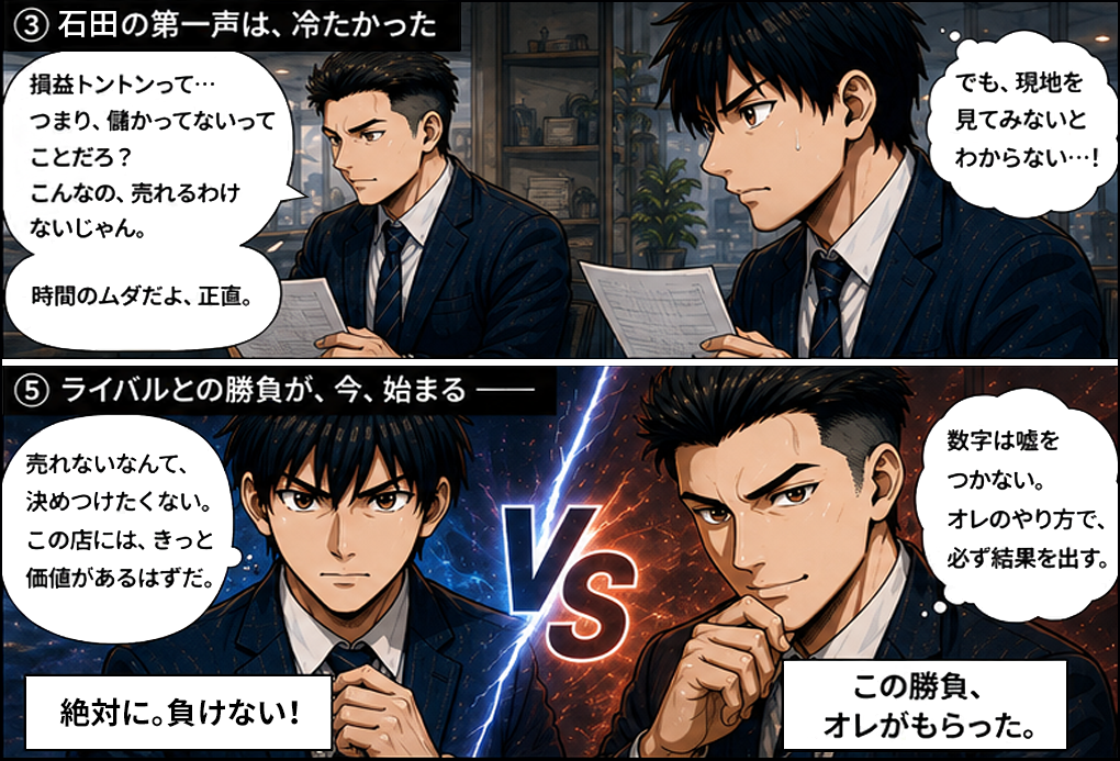 売れないなんて決めつけたくない、この店にはきっと価値があるはずだと佐藤。数字は嘘をつかない、オレのやり方で必ず結果を出すと石田。絶対に負けない。この勝負、オレがもらった。新たな挑戦と、ライバルとの戦いが始まった。
