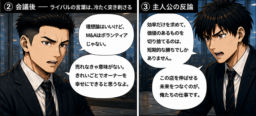 理想論はいいけど、M&Aはボランティアじゃない、売れなきゃ意味がない、きれいごとでオーナーを幸せにできると思うなよとライバルの冷たい言葉。効率だけを求めて価値のあるものを切り捨てるのは短期的な勝ちでしかありません、この店を伸ばせる未来をつなぐのが俺たちの仕事ですと主人公の反論。
