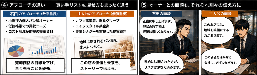 石田のアプローチは数字重視、小規模の個人パン屋オーナー、低価格帯での買収ニーズ、コスト削減が前提の提案資料。主人公のアプローチは価値重視、カフェ事業者・飲食グループ・ライフスタイル系企業、事業シナジーを重視した提案資料。石田の面談では現状の数字では評価は厳しくなります、早めに決断された方がリスクは少なく済みます。主人公の面談ではこのお店には地域を笑顔にする力があります、この価値を活かせる会社に必ずつなぎます。