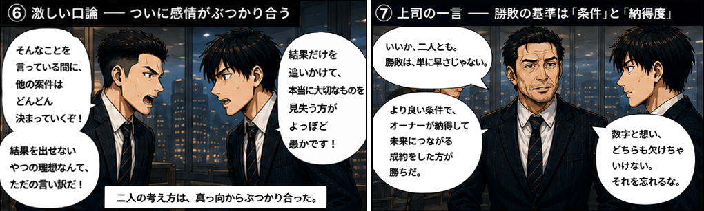そんなことを言っている間に他の案件はどんどん決まっていくぞ、結果を出せないやつの理想なんてただの言い訳だと激しい口論。二人の考え方は真っ向からぶつかった。上司からいいか、二人とも、勝敗は単に早さじゃない、より良い条件でオーナーが納得して未来につながる成約をした方が勝ちだ、数字と想い、どちらも欠けちゃいけない、それを忘れるなと一言。