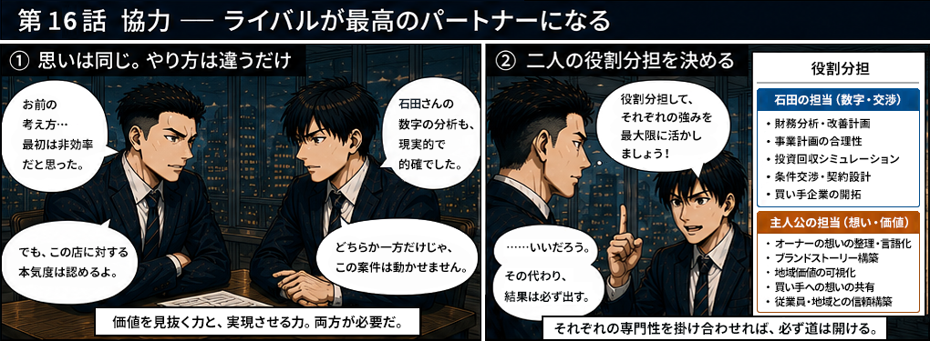 お前の考え方は最初非効率だと思った、でもこの店に対する本気度は認めるよと石田。石田さんの数字の分析も現実的で的確でしたと佐藤。どちらか一方だけじゃこの案件は動かせない。役割分担は石田担当が数字交渉で財務分析改善計画・事業計画の合理性・投資回収シミュレーション・条件交渉契約設計・買い手企業の開拓、主人公担当が想い価値でオーナーの想いの整理言語化・ブランドストーリー構築・地域価値の可視化・買い手への想いの共有・従業員地域との信頼構築。それぞれの専門性を掛け合わせれば必ず道は開ける。