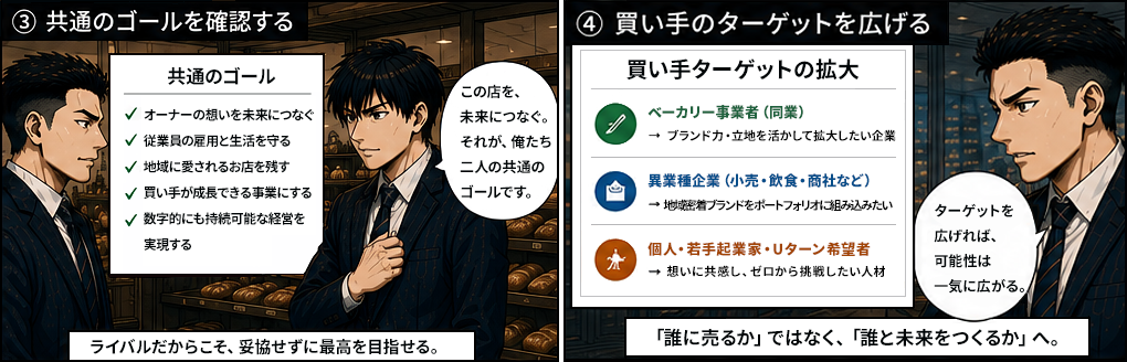 共通のゴールはオーナーの想いを未来につなぐ・従業員の雇用と生活を守る・地域に愛されるお店を残す・買い手が成長できる事業にする・数字的にも持続可能な経営を実現する。ライバルだからこそ、妥協せずに最高を目指せる。買い手ターゲットの拡大としてベーカリー事業者同業はブランド力立地を活かして拡大したい企業へ、異業種企業小売飲食商社などは地域密着ブランドをポートフォリオに組み込みたいへ、個人若手起業家Uターン希望者は想いに共感しゼロから挑戦したい人材へ。誰に売るかではなく誰と未来をつくるかへ。