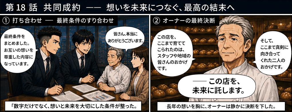 最終条件をまとめました、お互いの想いを尊重した内容になっています。数字だけでなく想いと未来を大切にした条件が整った。この店をここまで育ててくれたのはスタッフや地域の皆さんのおかげです、そしてここまで真剣に向き合ってくれた二人のおかげです。この店を未来に託します。長年の想いを胸に、オーナーは静かに決断を下した。