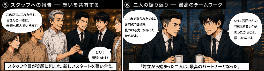 この店はこれからも皆さんと一緒に未来へ進んでいきます、はい頑張ります。スタッフ全員が笑顔に包まれ新しいスタートを誓い合う。ここまで来られたのはお前の価値を見抜く力があったからだよ。いや石田さんの実現する力があったからこそ届いたんです。対立から始まった二人は最高のパートナーとなった。
