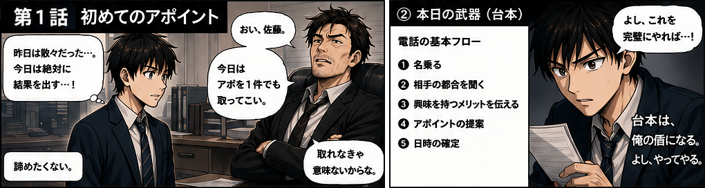 黒木から「今日はアポを1件でも取ってこい」と言われた佐藤。電話の基本フロー台本を受け取り、これを完璧にやればと気合を入れる。