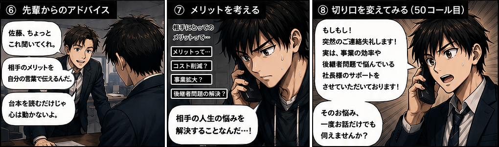 先輩・神谷から「相手のメリットを自分の言葉で伝えるんだ」とアドバイスをもらう。50コール目に切り口を変えて電話をかける佐藤。