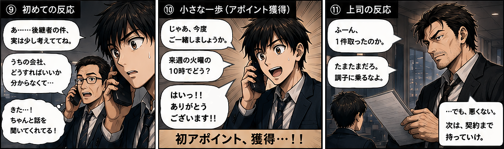 「じゃあ、今度一緒にしましょうか」初めてのアポイント獲得。黒木は「たまたまだろ」と言いつつも「次は契約まで持っていけ」と告げる。