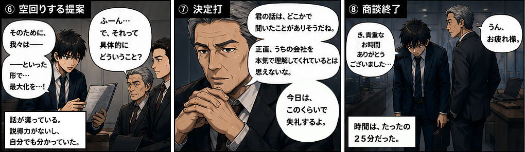 先輩・神谷から「相手のメリットを自分の言葉で伝えるんだ」とアドバイスをもらう。50コール目に切り口を変えて電話をかける佐藤。