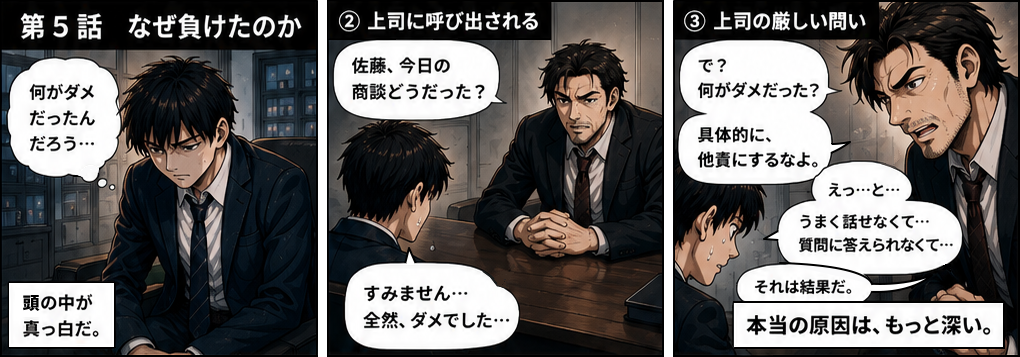 黒木から「今日はアポを1件でも取ってこい」と言われた佐藤。電話の基本フロー台本を受け取り、これを完璧にやればと気合を入れる。