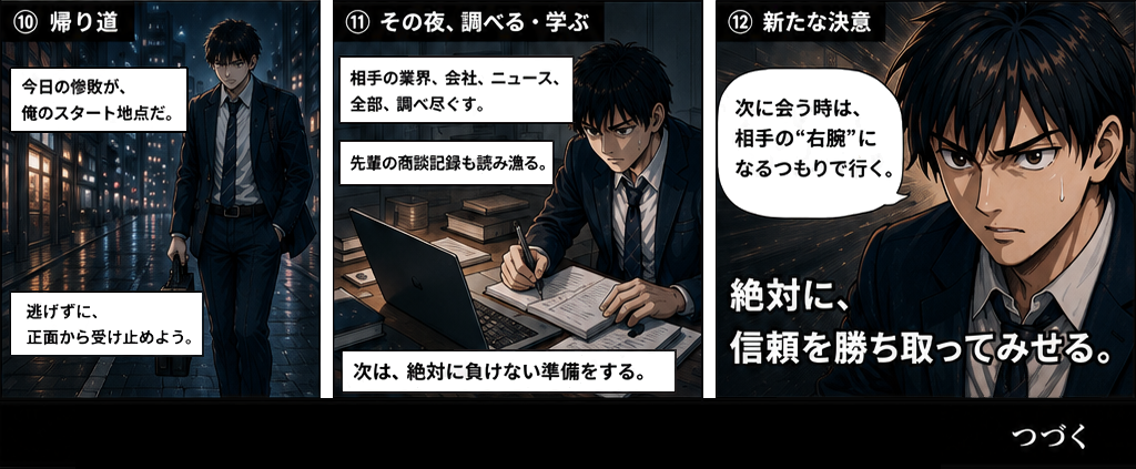「じゃあ、今度一緒にしましょうか」初めてのアポイント獲得。黒木は「たまたまだろ」と言いつつも「次は契約まで持っていけ」と告げる。