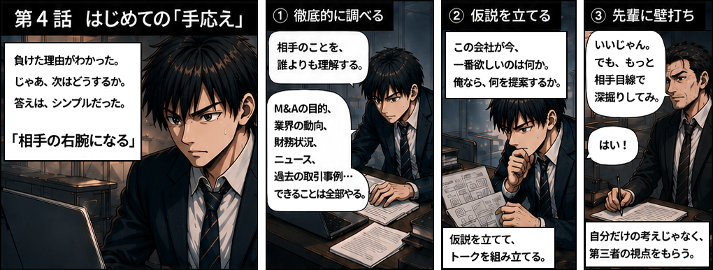 負けた理由がわかった佐藤。「相手の右腕になる」という答えを見つけ、相手のことを誰よりも理解するために徹底的に調べ、仮説を立て、先輩に壁打ちをする。