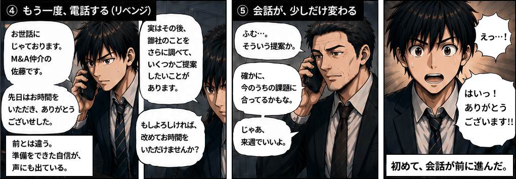 前とは違う。準備をできた自信が声にも出ている。リベンジの電話で「じゃあ、来週でいいよ」と言ってもらえた。初めて、会話が前に進んだ。