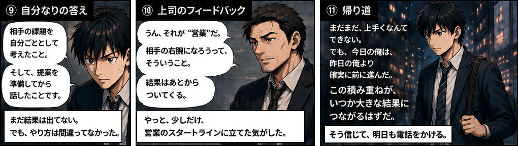 自分なりの答えは「相手の課題を自分ごととして考え、提案を準備してから話すこと」。上司から「それが営業だ」と言葉をもらい、帰り道に昨日より前に進んだと感じる佐藤。