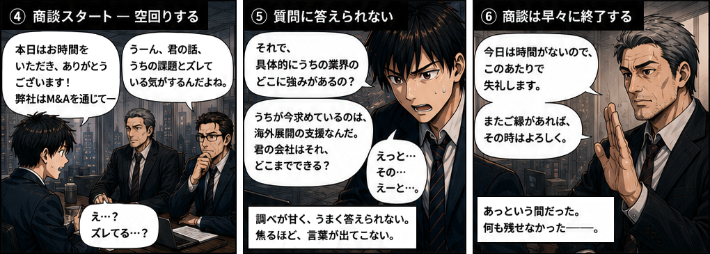 商談スタートでズレを指摘される。「うちが求めているのは海外展開支援だ」という相手の課題に答えられない佐藤。調べが甘く、あっという間に商談終了。何も残せなかった。