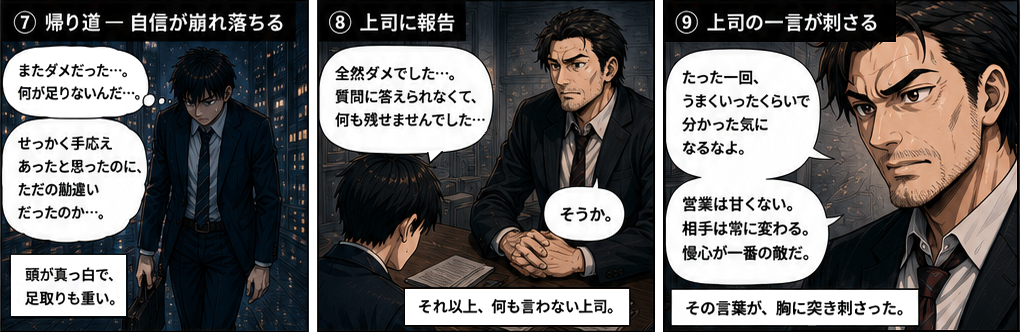 帰り道、自信が崩れ落ちる佐藤。上司に報告すると「たった一回うまくいったくらいで分かった気になるな。営業は甘くない。相手は常に変わる。慢心が一番の敵だ」と言われる。