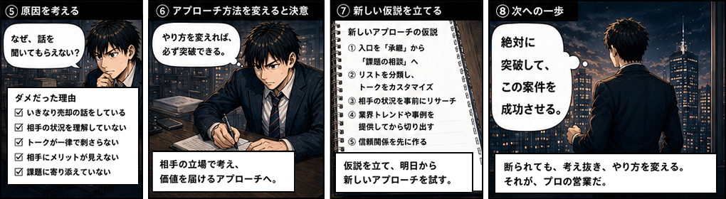 新しいアプローチの仮説：入口を承継から課題の相談へ、リストを分類しトークをカスタマイズ、相手の状況を事前にリサーチ。断られても考え抜き、やり方を変える。それがプロの営業だ。