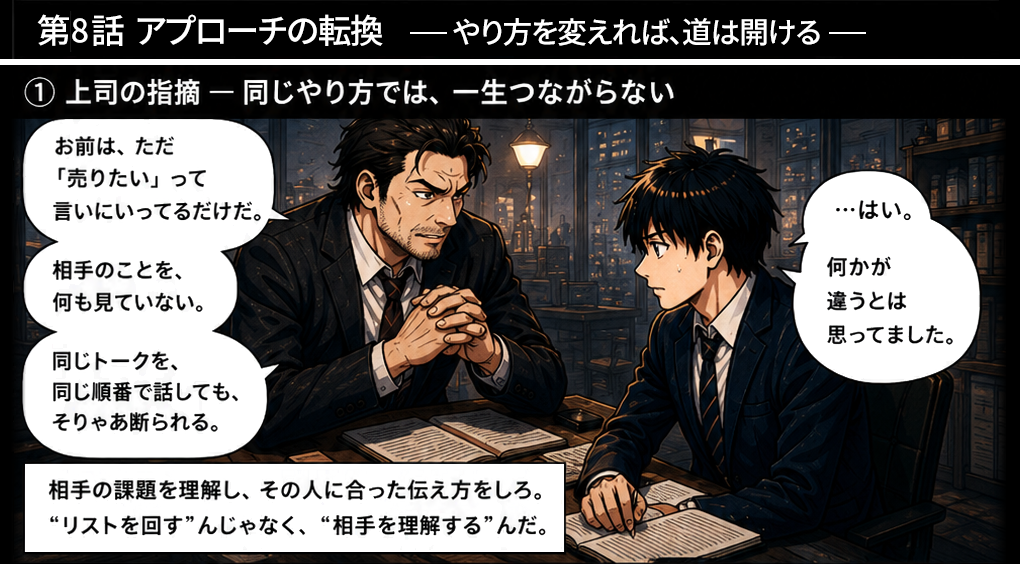 相手のことを何も見ていない、同じトークを同じ順番で話してもそりゃ断られると上司から指摘される。M&A営業のソーシングでは相手を成長中・伸び悩み・多店舗展開中に分類し、アプローチを変えることが重要。