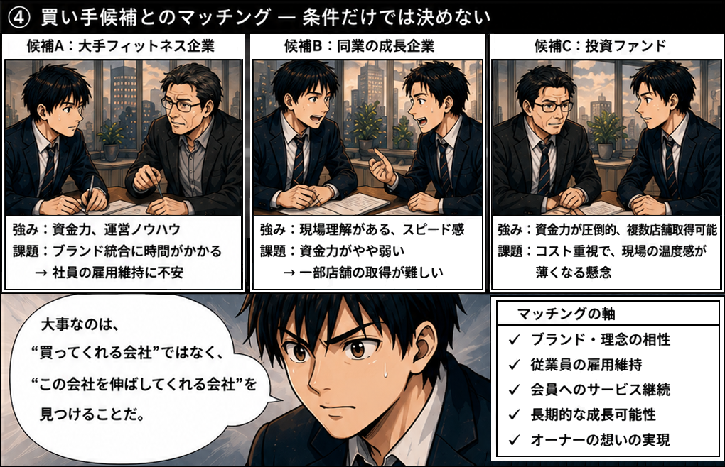 大手フィットネス企業・同業成長企業・投資ファンドそれぞれの強みと課題を比較。大事なのは買ってくれる会社ではなく、この会社を伸ばしてくれる会社を見つけること。マッチングの軸はブランド・理念の相性、従業員の雇用維持、会員へのサービス継続、長期的な成長可能性、オーナーの想いの実現。