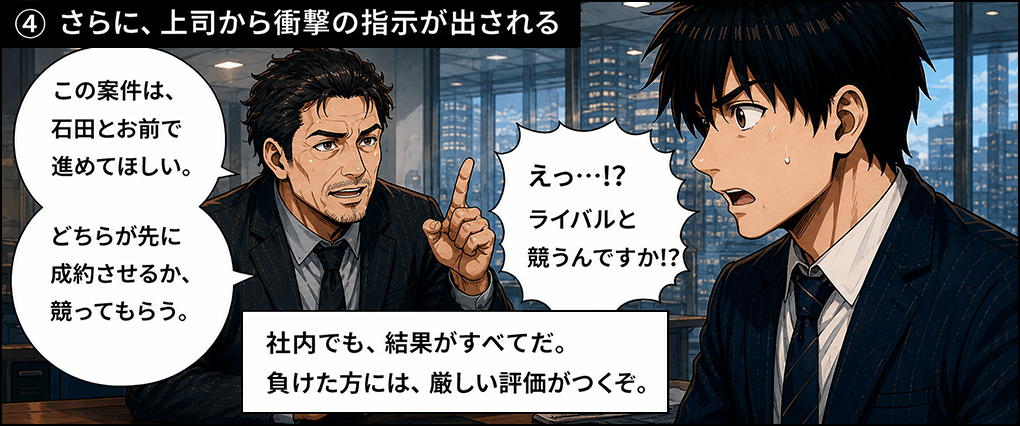 ④上司から衝撃の指示。この案件を石田とお前で進めてほしい、どちらが先に成約させるか競ってもらうと社内競争を命じられる佐藤。社内でも結果がすべてで負けた方には厳しい評価がつくと言われ動揺する。M&A仲介の社内競争と成果主義の現実。