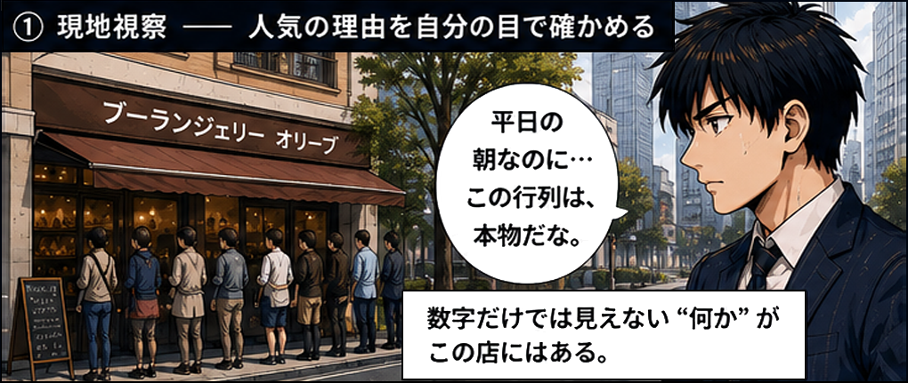 平日の朝なのに行列が続くパン屋ブーランジェリーオリーブを現地視察する佐藤。数字だけでは見えない何かがこの店にはあると感じる。オーナーから毎日食べたくなる普通のパンを大事にしてきた、地元の人に支えられて24年やってこれた、それが誇りだと聞く。だからこそ手放すのが寂しいんですねと寄り添う佐藤。