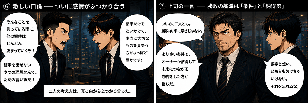 そんなことを言っている間に他の案件はどんどん決まっていくぞ、結果を出せないやつの理想なんてただの言い訳だと激しい口論。二人の考え方は真っ向からぶつかった。上司からいいか、二人とも、勝敗は単に早さじゃない、より良い条件でオーナーが納得して未来につながる成約をした方が勝ちだ、数字と想い、どちらも欠けちゃいけない、それを忘れるなと一言。
