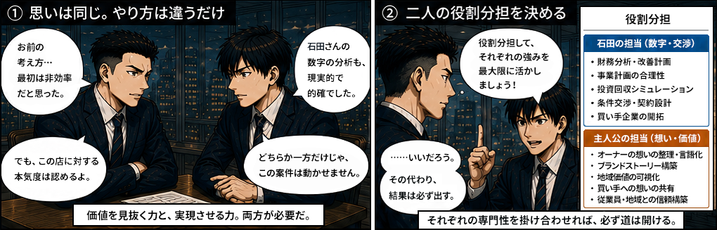 お前の考え方は最初非効率だと思った、でもこの店に対する本気度は認めるよと石田。石田さんの数字の分析も現実的で的確でしたと佐藤。どちらか一方だけじゃこの案件は動かせない。役割分担は石田担当が数字交渉で財務分析改善計画・事業計画の合理性・投資回収シミュレーション・条件交渉契約設計・買い手企業の開拓、主人公担当が想い価値でオーナーの想いの整理言語化・ブランドストーリー構築・地域価値の可視化・買い手への想いの共有・従業員地域との信頼構築。それぞれの専門性を掛け合わせれば必ず道は開ける。