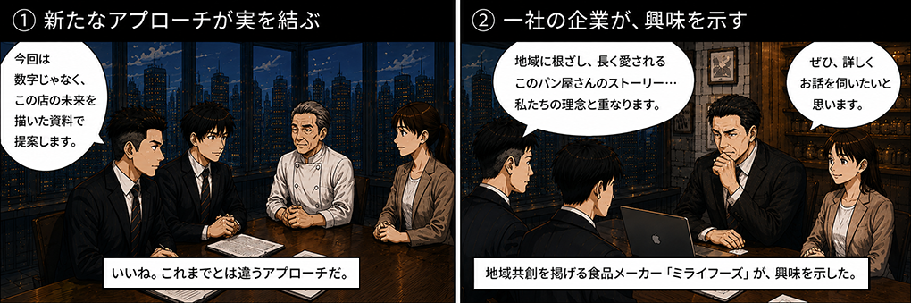 今回は数字じゃなくこの店の未来を描いた資料で提案しますといいねこれまでとは違うアプローチだと上司。地域に根ざし長く愛されるこのパン屋さんのストーリーが私たちの理念と重なりますとぜひ詳しくお話を伺いたいと思います。地域共創を掲げる食品メーカーミライフーズが興味を示した。
