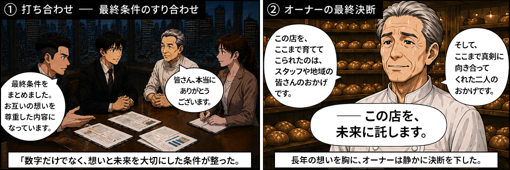 最終条件をまとめました、お互いの想いを尊重した内容になっています。数字だけでなく想いと未来を大切にした条件が整った。この店をここまで育ててくれたのはスタッフや地域の皆さんのおかげです、そしてここまで真剣に向き合ってくれた二人のおかげです。この店を未来に託します。長年の想いを胸に、オーナーは静かに決断を下した。