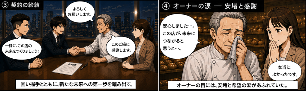 一緒にこの店の未来をつくりましょう、よろしくお願いします、このご縁に感謝します。固い握手とともに新たな未来への第一歩を踏み出す。M&A成約の瞬間。安心しました、この店が未来につながると思うと。オーナーの目には安堵と希望の涙があふれていた。