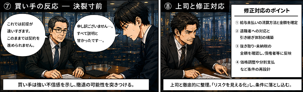 これでは前提が違いすぎます、このままでは契約を進められませんと買い手は強い不信感を示し撤退の可能性を突きつける。上司と徹底的に整理。修正対応のポイントとして給与未払いの清算方法と金額を確定・退職者への対応と引き継ぎ体制の構築・抜き取り未納税の全額を確認し債権者等に反映・価格調整や分割支払いなど条件の再設計。リスクを見える化し条件に落とし込む。