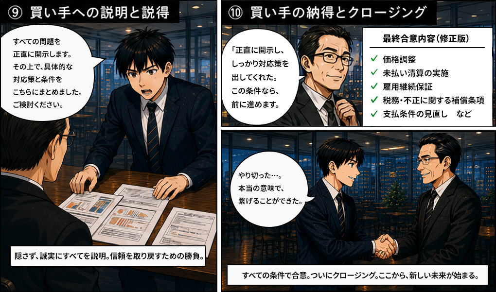 すべての問題を正直に開示します、その上で具体的な対応策と条件をこちらにまとめました、ご検討ください。隠さず誠実にすべてを説明、信頼を取り戻すための勝負。正直に開示しっかり対応策を出してくれた、この条件なら前に進めますと買い手が納得。最終合意内容修正版として価格調整・未払い清算の実施・雇用継続保証・税務不正に関する補償条項・支払条件の見直しで合意。やり切った、本当の意味で繋げることができたとM&Aクロージング完了。すべての条件で合意、ついにクロージング、ここから新しい未来が始まる。