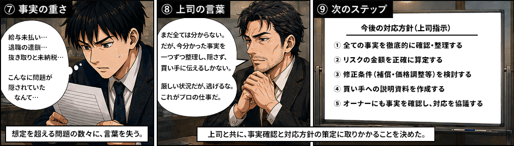 給与未払い、退職の連鎖、抜き取りと未納税、こんなに問題が隠されていたなんてと言葉を失う佐藤。まだ全ては分からない、だが今分かった事実を一つずつ整理し隠さず買い手に伝えるしかない、厳しい状況だが逃げるな、これがプロの仕事だと上司。今後の対応方針として全ての事実を徹底的に確認整理する・リスクの金額を正確に算定する・修正条件補償価格調整等を検討する・買い手への説明資料を作成する・オーナーにも事実を確認し対応を協議する。