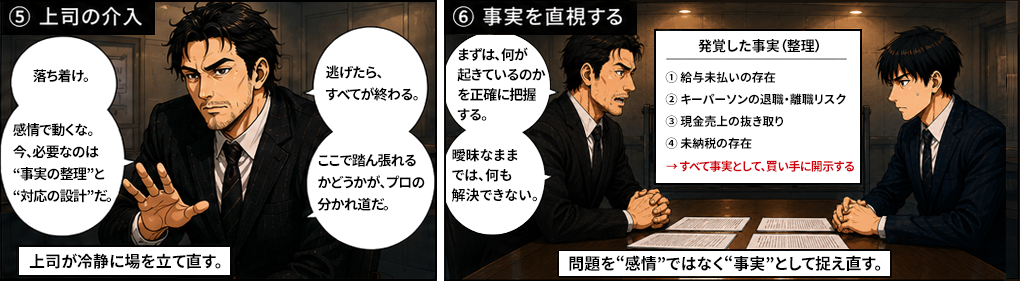 上司が冷静に場を立て直す。感情ではなく事実の整理と対応の設計が必要と指摘。給与未払い・退職リスク・現金抜き取り・未納税をすべて事実として買い手に開示する方針を確認。M&Aコンサルタントとしてのプロの判断が求められる場面。
