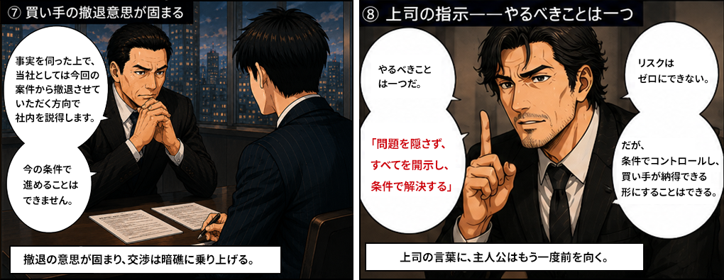 買い手の撤退意思が固まり交渉は暗礁に乗り上げる。上司の指示は「問題を隠さず、すべてを開示し、条件でコントロールする」こと。リスクはゼロにできないが買い手が納得できる条件交渉の形にすることはできると語る。