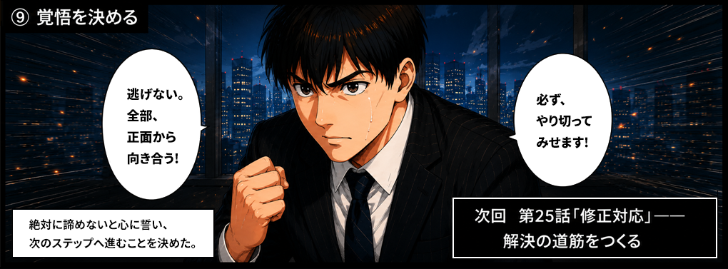 覚悟を決める。逃げない、全部、正面から向き合うと心に誓う佐藤。必ずやり切ってみせると決意。次回第25話「修正対応」——解決の道筋をつくる。M&A交渉の再建に向け動き出す。