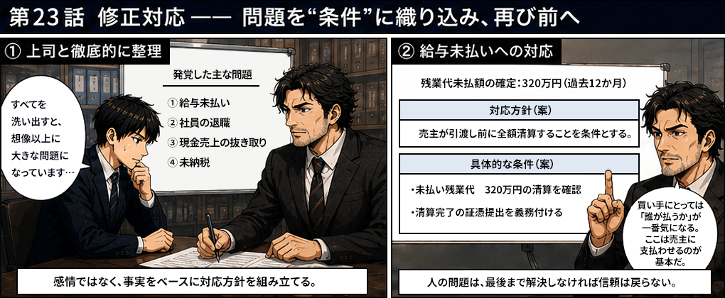 買い手の態度が一変。デューデリジェンスの結果、案件継続の前提が崩れたと告げられる。給与未払い・キーパーソン退職・現金抜き取り・未納税のリスクが大きすぎて買えないとM&A買収撤退を示唆。"