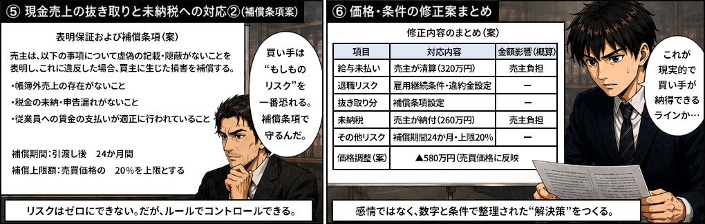 上司が冷静に場を立て直す。感情ではなく事実の整理と対応の設計が必要と指摘。給与未払い・退職リスク・現金抜き取り・未納税をすべて事実として買い手に開示する方針を確認。M&Aコンサルタントとしてのプロの判断が求められる場面。
