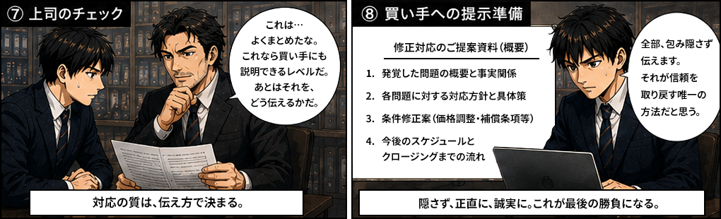 買い手の撤退意思が固まり交渉は暗礁に乗り上げる。上司の指示は「問題を隠さず、すべてを開示し、条件でコントロールする」こと。リスクはゼロにできないが買い手が納得できる条件交渉の形にすることはできると語る。
