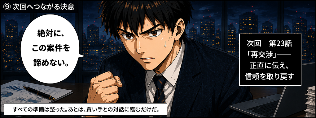 覚悟を決める。逃げない、全部、正面から向き合うと心に誓う佐藤。必ずやり切ってみせると決意。次回第25話「修正対応」——解決の道筋をつくる。M&A交渉の再建に向け動き出す。