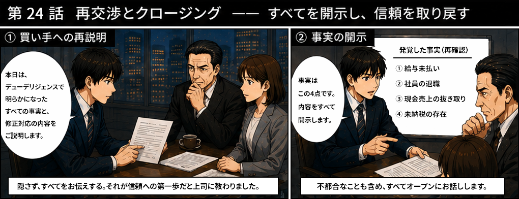 デューデリジェンスで発覚した給与未払い・社員退職・現金抜き取り・未納税の4つの事実をすべて開示。隠さずすべてを伝えることが信頼への第一歩と上司に教わった佐藤が買い手への再説明に臨む。M&A再交渉における情報開示の場面。"