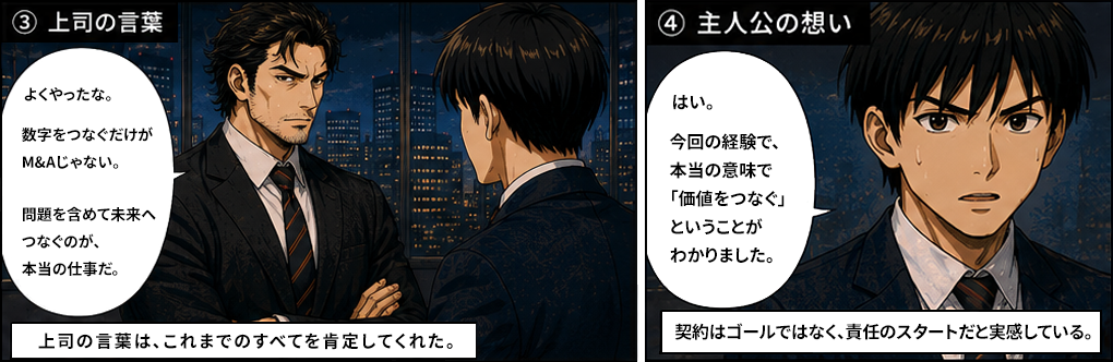 上司から「数字をつなぐだけがM&Aじゃない。問題を含めて未来へつなぐのが本当の仕事だ」と言葉をもらう佐藤。今回の経験で本当の意味で価値をつなぐということがわかったと実感。契約はゴールではなく責任のスタートだと気づく。