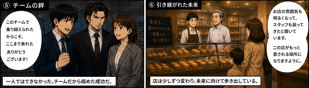 チームで乗り越えたからここまで来られたと感謝する佐藤。店は少しずつ変わり雰囲気も明るくなりスタッフも戻ってきた。事業承継後の店が未来に向けて歩み始めている場面。M&A後の経営引き継ぎが順調に進んでいることを示す。