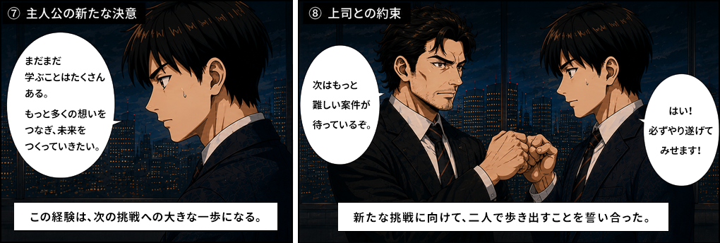 もっと多くの想いをつなぎ未来をつくっていきたいと新たな決意を固める佐藤恒一。上司から次はもっと難しい案件が待っていると告げられ必ずやり遂げてみせますと誓う。M&Aコンサルタントとしての次の挑戦へ向けた決意の場面。