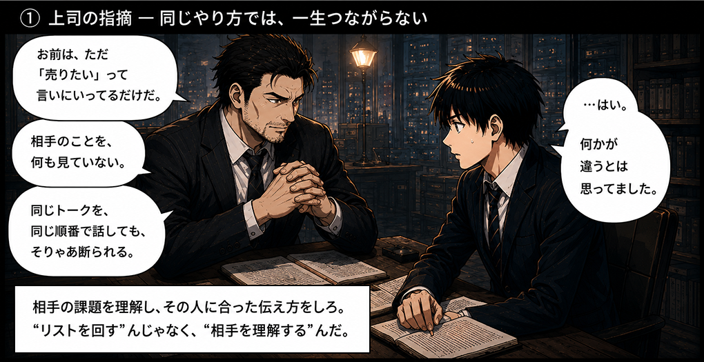 相手のことを何も見ていない、同じトークを同じ順番で話してもそりゃ断られると上司から指摘される。M&A営業のソーシングでは相手を成長中・伸び悩み・多店舗展開中に分類し、アプローチを変えることが重要。