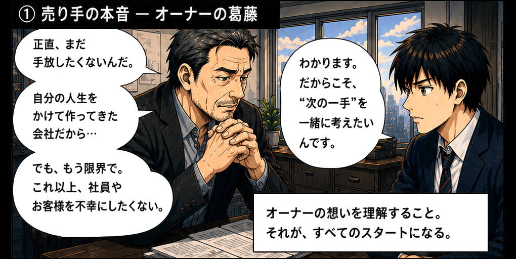 まだ手放したくない、自分の人生をかけて作ってきた会社。でも限界で社員やお客様をこれ以上不幸にしたくないというオーナーの葛藤を聞く佐藤。オーナーの想いを理解することが、M&A仲介のすべてのスタートになる。