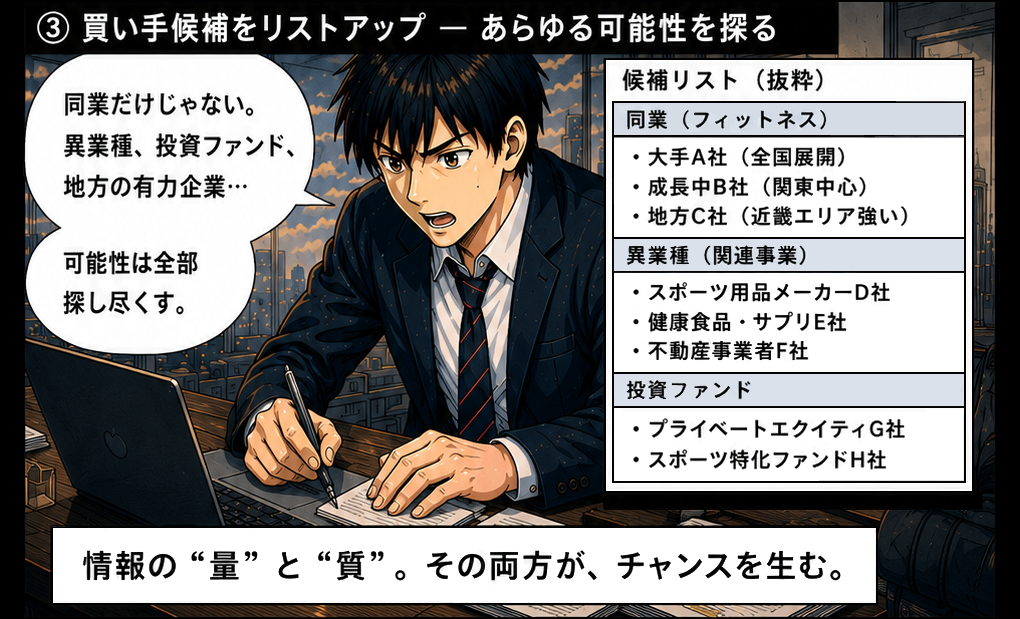 同業だけじゃない。異業種、投資ファンド、地方の有力企業。同業フィットネス大手・成長中B社・地方C社、スポーツ用品メーカー、健康食品サプリ会社、不動産事業者、プライベートエクイティファンドなど可能性を全部探し尽くす。情報の量と質、その両方がチャンスを生む。