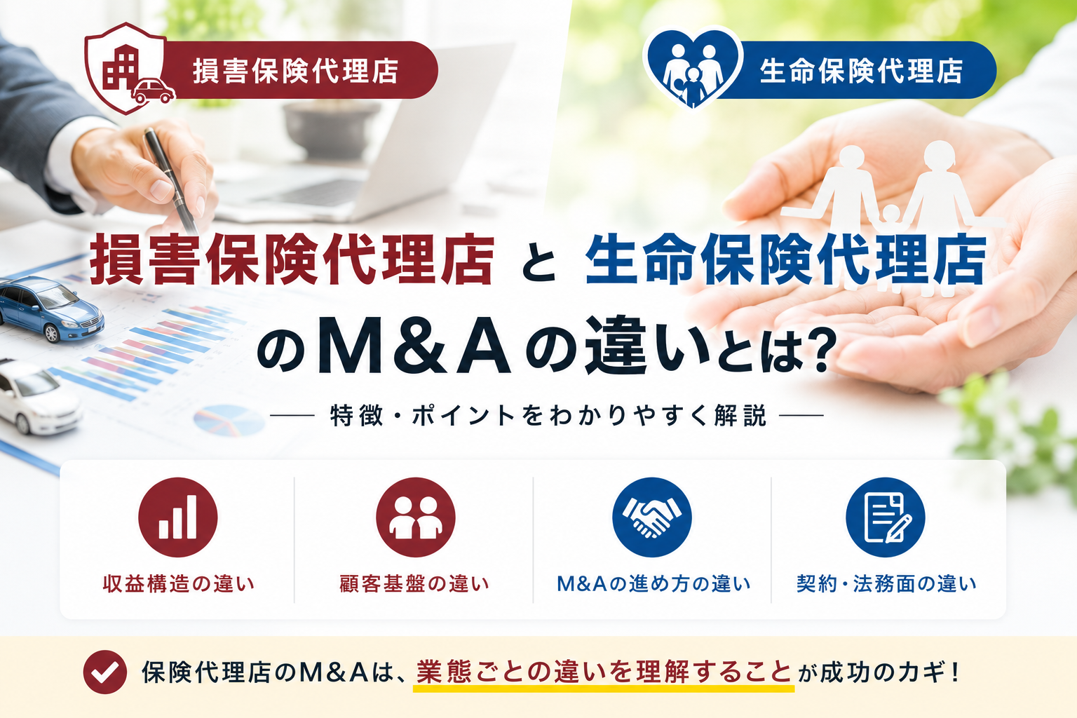 損害保険代理店と生命保険代理店のM&Aの違いとは?価格相場や評価ポイントを徹底比較